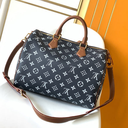 LV 25S SPEEDY BANDOULIÈRE BAG 40 IN CHARCOAL BLUE CALFSKIN GOLD HARDWARE