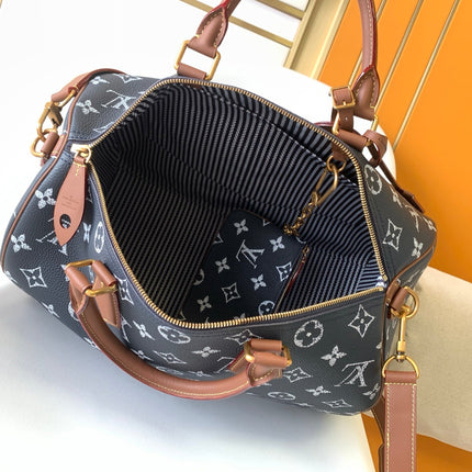 LV 25S SPEEDY BANDOULIÈRE BAG 40 IN CHARCOAL BLUE CALFSKIN GOLD HARDWARE
