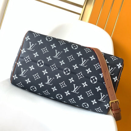 LV 25S SPEEDY BANDOULIÈRE BAG 40 IN CHARCOAL BLUE CALFSKIN GOLD HARDWARE