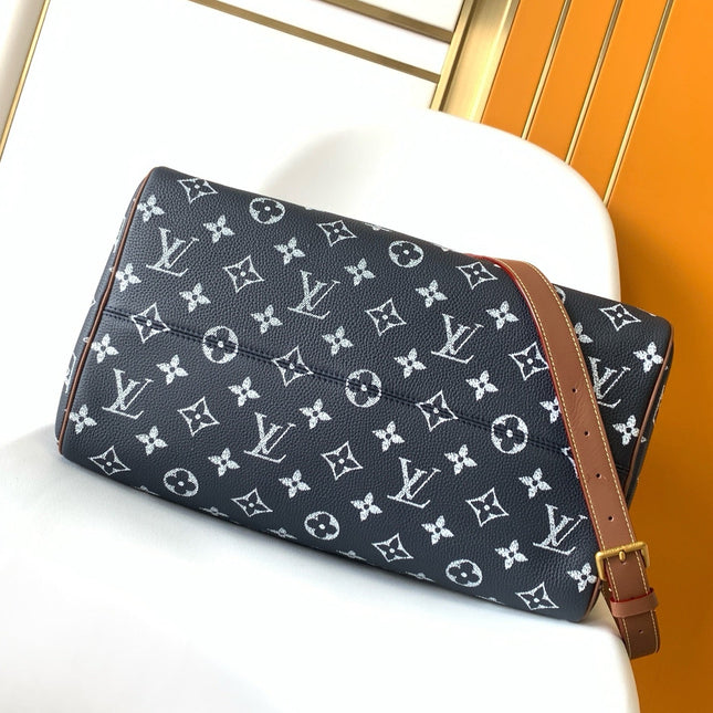 LV 25S SPEEDY BANDOULIÈRE BAG 40 IN CHARCOAL BLUE CALFSKIN GOLD HARDWARE