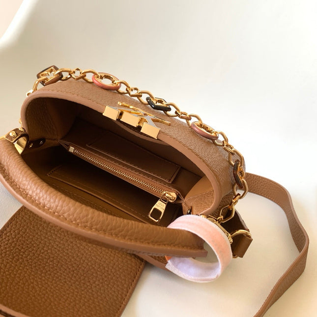 LV 25S CAPUCINES BAG 21 IN TAN CALFSKIN GOLD HARDWARE