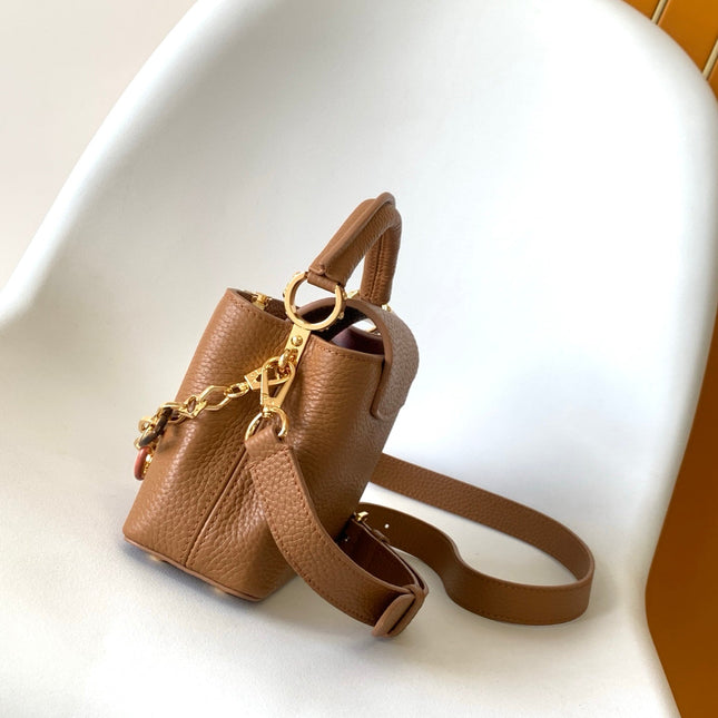 LV 25S CAPUCINES BAG 21 IN TAN CALFSKIN GOLD HARDWARE