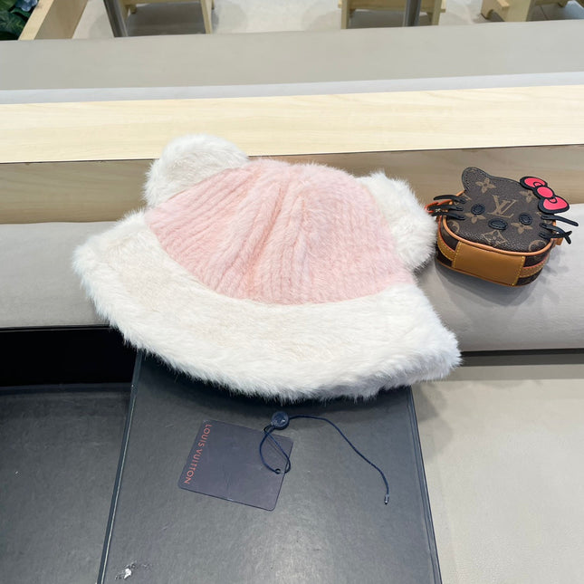 FISHERMAN HAT IN PINK MIX WHITE WOOL AND RABBIT FUR 409760