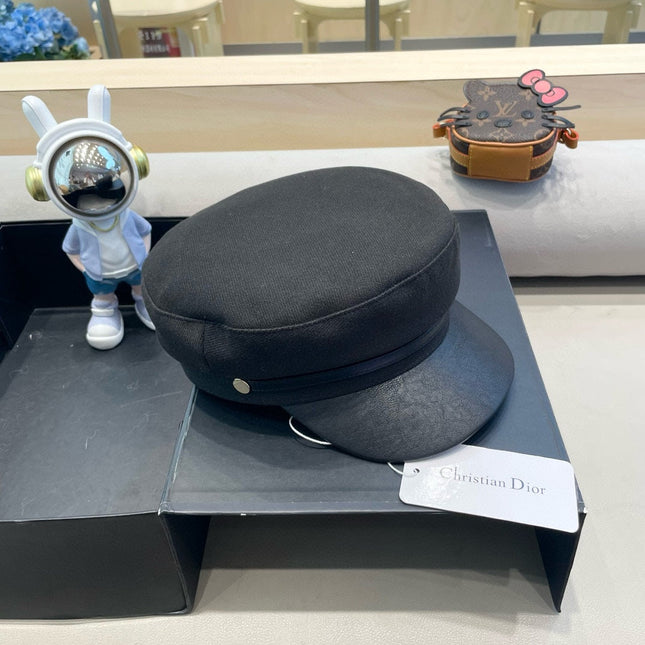 BAKER BOY HAT IN BLACK COTTON AND LEATHER 428246