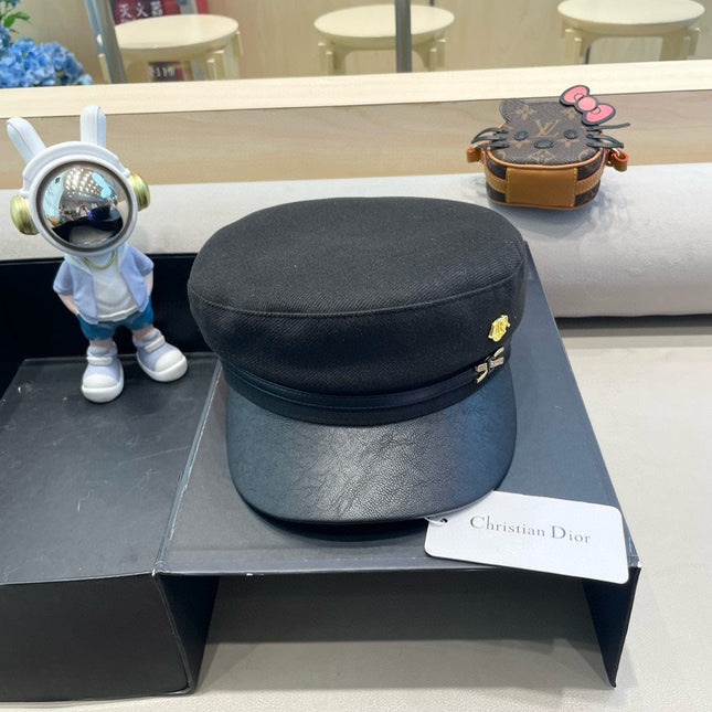 BAKER BOY HAT IN BLACK COTTON AND LEATHER 428246