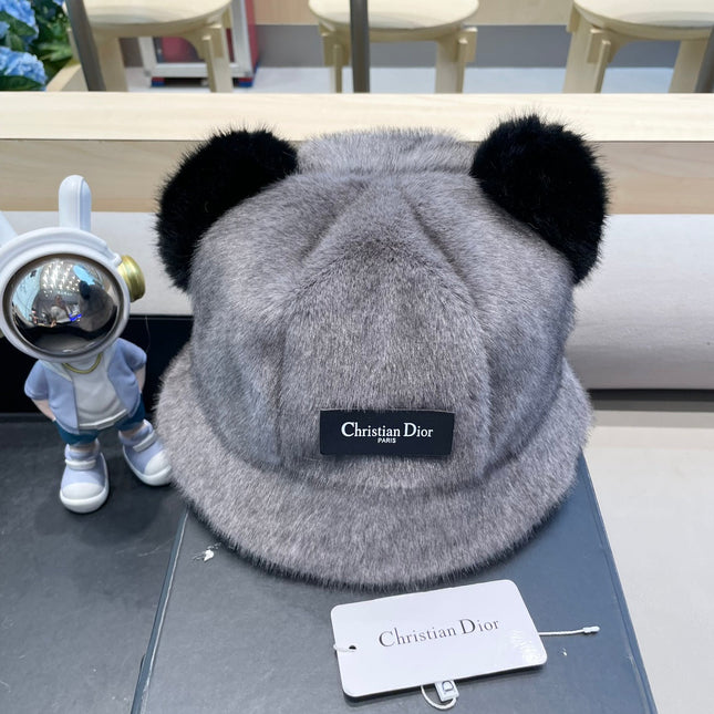 BUCKET HAT WITH CUTE BEAR EARS IN SILVER GRAY RABBIT FUR 434966