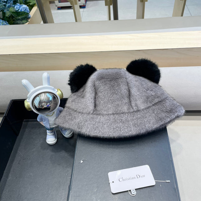 BUCKET HAT WITH CUTE BEAR EARS IN SILVER GRAY RABBIT FUR 434966