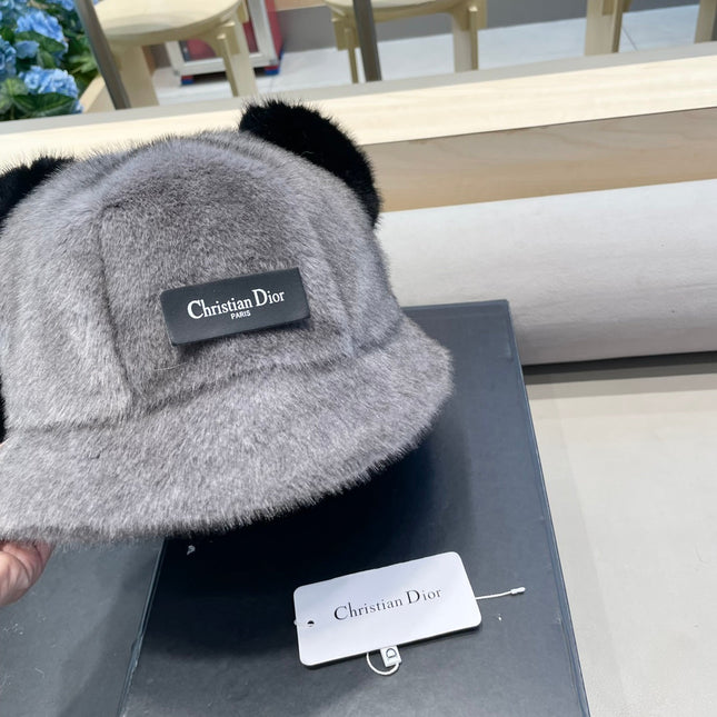 BUCKET HAT WITH CUTE BEAR EARS IN SILVER GRAY RABBIT FUR 434966
