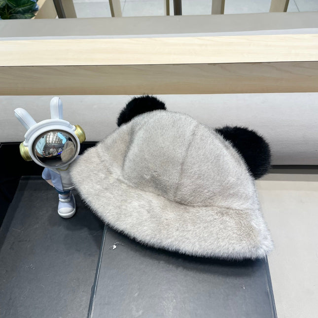 BUCKET HAT WITH CUTE BEAR EARS IN RHINO GRAY RABBIT FUR 434967