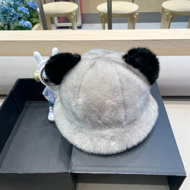BUCKET HAT WITH CUTE BEAR EARS IN RHINO GRAY RABBIT FUR 434967