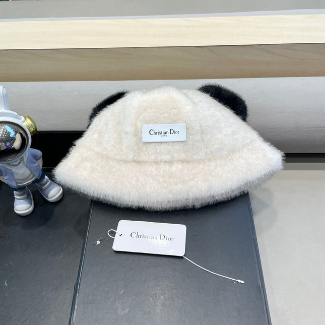 BUCKET HAT WITH CUTE BEAR EARS IN WHITE RABBIT FUR 434970
