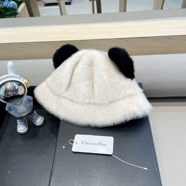 BUCKET HAT WITH CUTE BEAR EARS IN WHITE RABBIT FUR 434970
