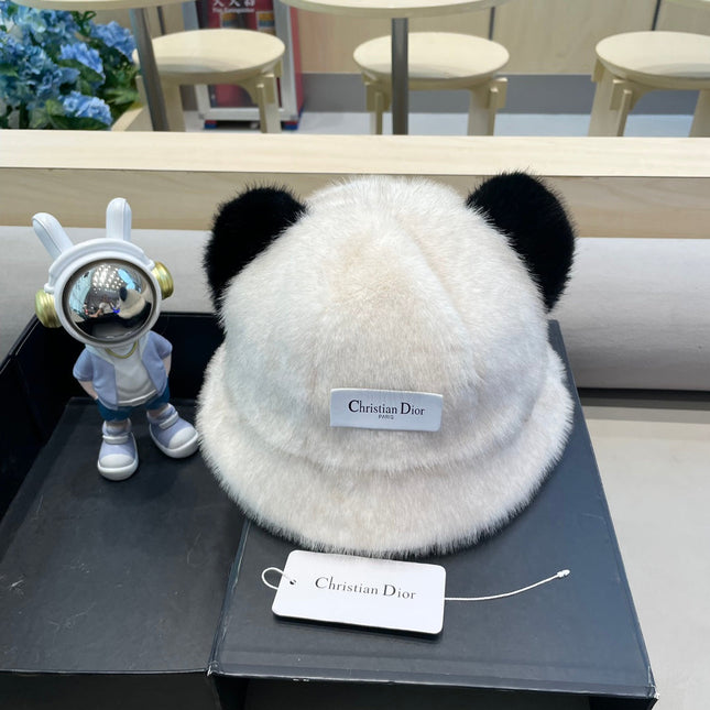 BUCKET HAT WITH CUTE BEAR EARS IN WHITE RABBIT FUR 434970