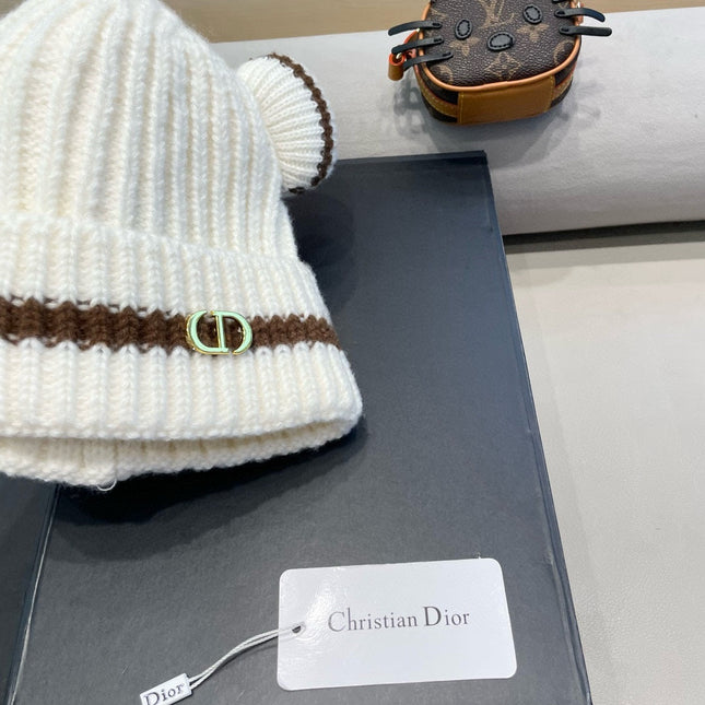 STRIPED BEANIE HAT WITH CUTE BEAR EARS IN WHITE WOOL 433436