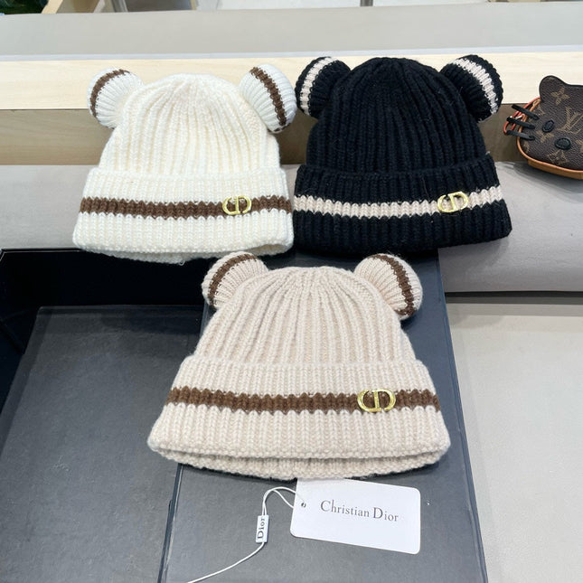 STRIPED BEANIE HAT WITH CUTE BEAR EARS IN BEIGE WOOL 433437