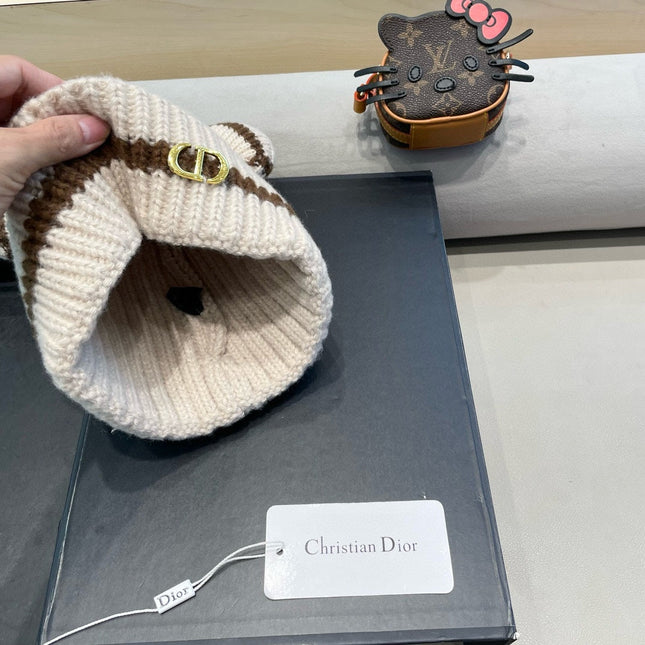 STRIPED BEANIE HAT WITH CUTE BEAR EARS IN BEIGE WOOL 433437