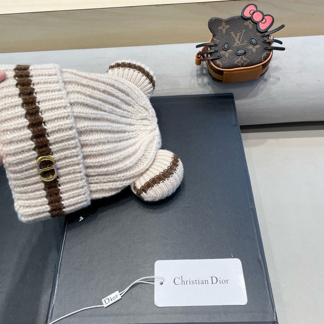 STRIPED BEANIE HAT WITH CUTE BEAR EARS IN BEIGE WOOL 433437