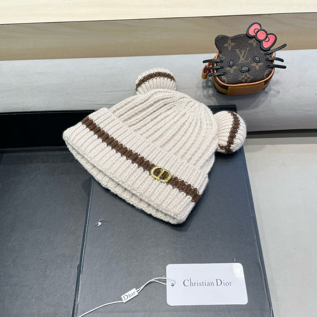 STRIPED BEANIE HAT WITH CUTE BEAR EARS IN BEIGE WOOL 433437