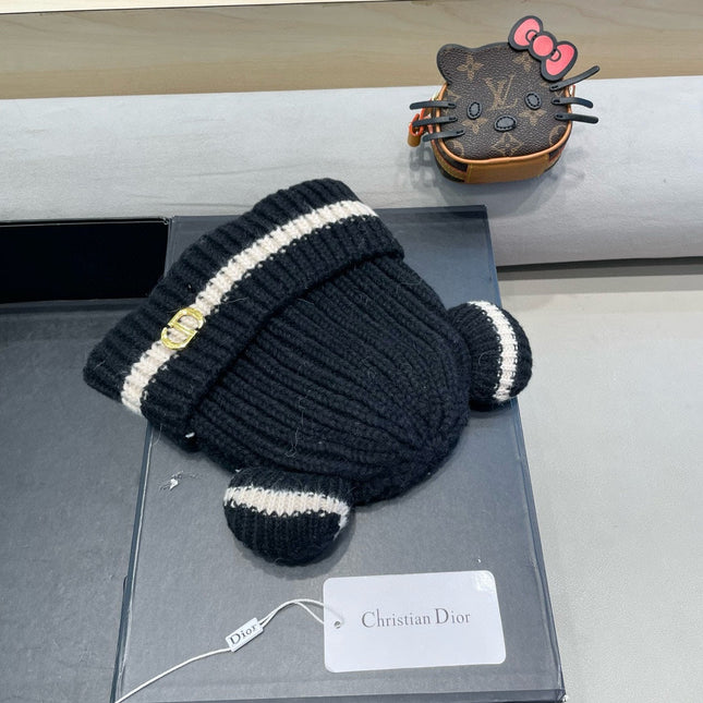 STRIPED BEANIE HAT WITH CUTE BEAR EARS IN BLACK WOOL 433438