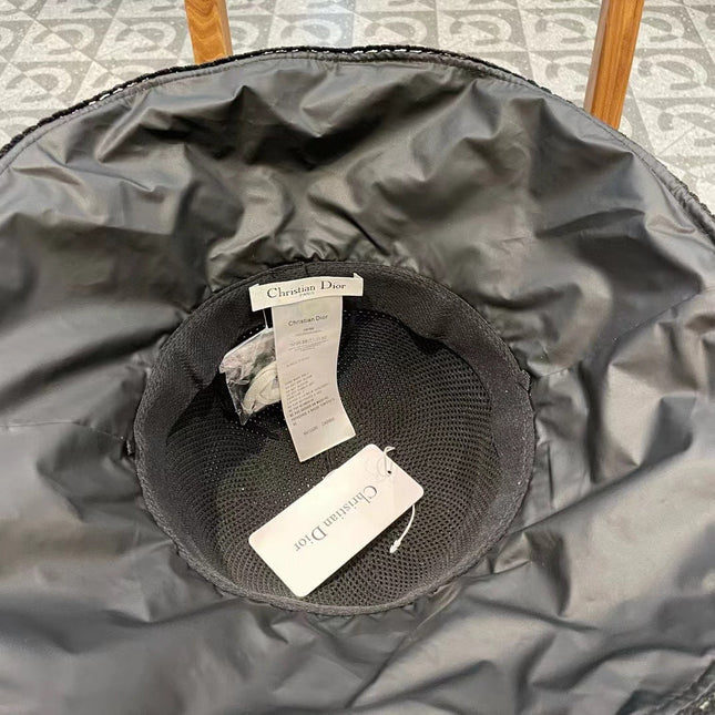 BLACK STRAW BUCKET HAT WITH BOW FABRIC BORDER 439646