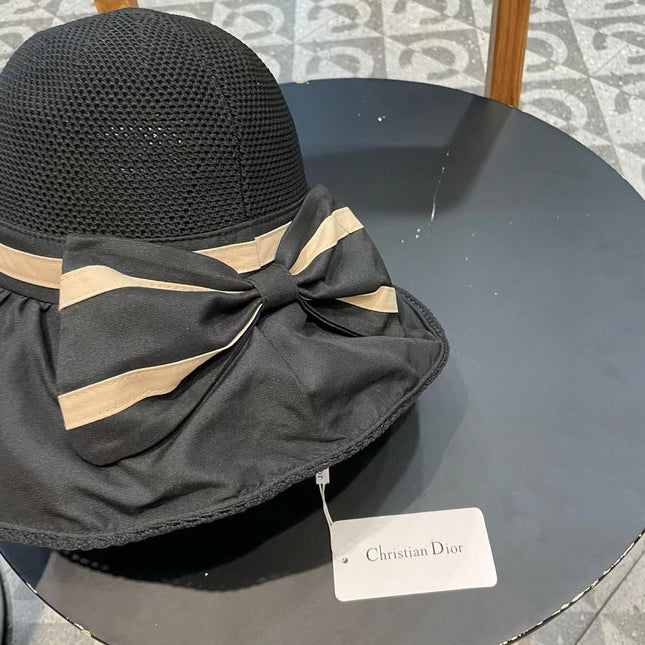 BLACK STRAW BUCKET HAT WITH BOW FABRIC BORDER 439646