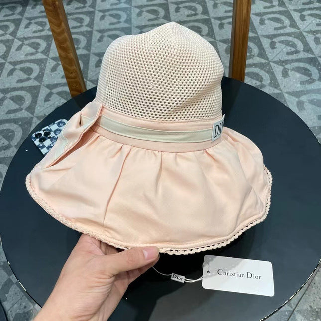 PALE BEIGE STRAW BUCKET HAT WITH BOW FABRIC BORDER 439647