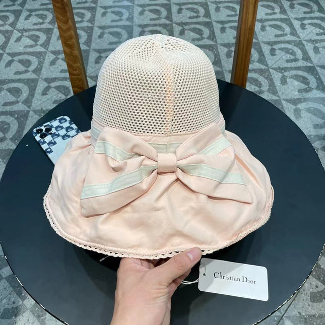 PALE BEIGE STRAW BUCKET HAT WITH BOW FABRIC BORDER 439647