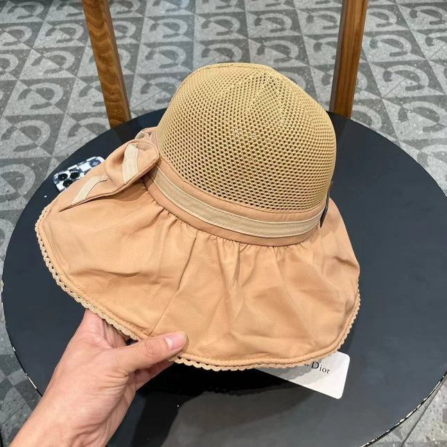 BUFF BEIGE STRAW BUCKET HAT WITH BOW FABRIC BORDER 439648