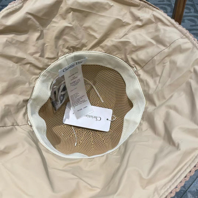 BUFF BEIGE STRAW BUCKET HAT WITH BOW FABRIC BORDER 439648