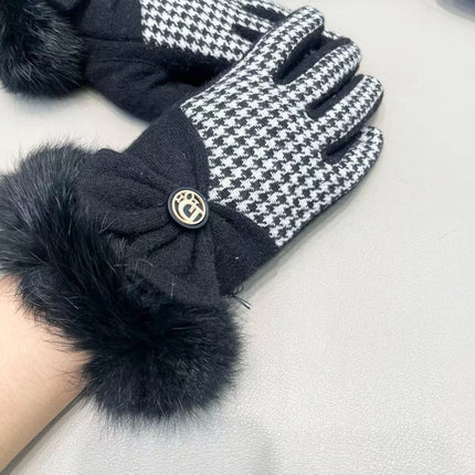 GLOVES WITH BOW IN BLACK MIX WHITE WOOL AND RABBIT FUR 453759