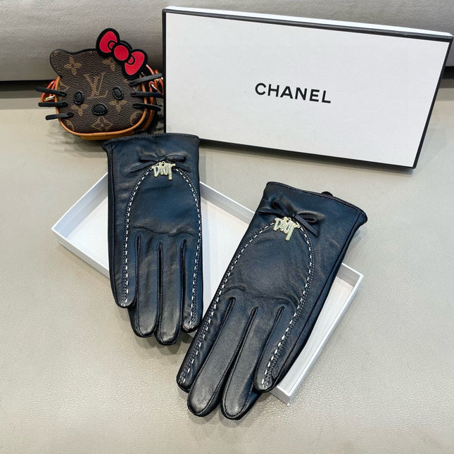 GLOVES ATTACHED BOW IN BLACK LAMBSKIN 458528