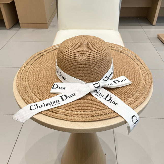 HAT IN DARK BEIGE RAFFIA WIDE-BRIM MIX BIG WHITE BOW