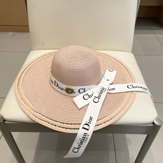 HAT IN LIGHT PINK BEIGE RAFFIA WIDE-BRIM MIX BIG WHITE BOW