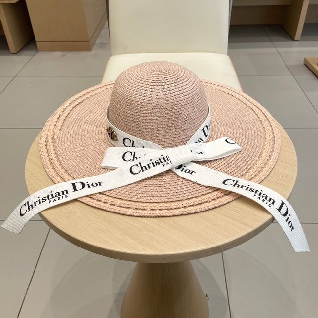 HAT IN LIGHT PINK BEIGE RAFFIA WIDE-BRIM MIX BIG WHITE BOW