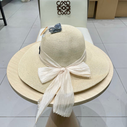 MM WIDE-BRIM BEACH HAT IN LIGHT BEIGE WITH FABRIC BOW