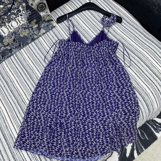 CHANEL DARK PURPLE SILK CAMELLIA DRESS WITH PEARL DETAILS