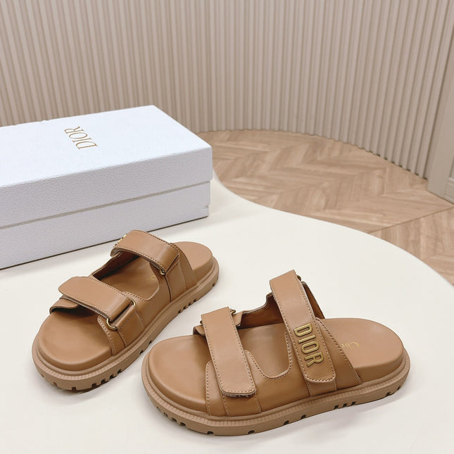 DIOR CLASSIC DOUBLE-STRAP SLIDES 25S IN LIGHT BROWN CALFSKIN