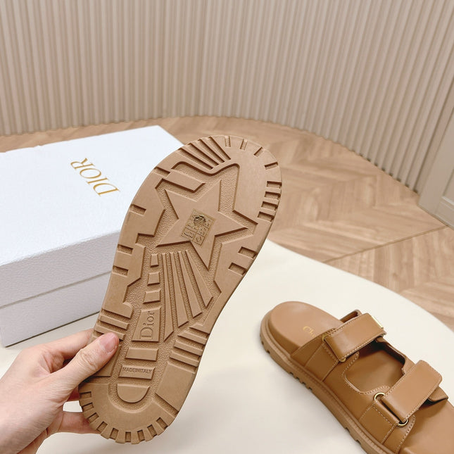 DIOR CLASSIC DOUBLE-STRAP SLIDES 25S IN LIGHT BROWN CALFSKIN