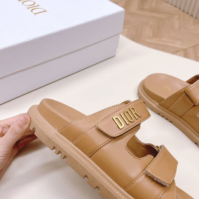 DIOR CLASSIC DOUBLE-STRAP SLIDES 25S IN LIGHT BROWN CALFSKIN