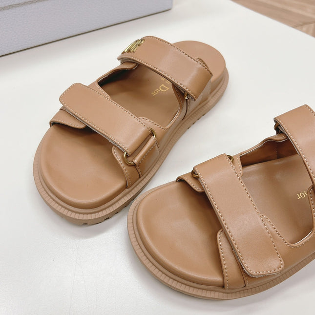 DIOR CLASSIC DOUBLE-STRAP SLIDES 25S IN LIGHT BROWN CALFSKIN