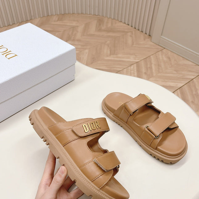 DIOR CLASSIC DOUBLE-STRAP SLIDES 25S IN LIGHT BROWN CALFSKIN