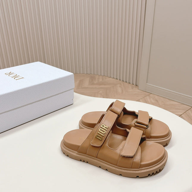 DIOR CLASSIC DOUBLE-STRAP SLIDES 25S IN LIGHT BROWN CALFSKIN