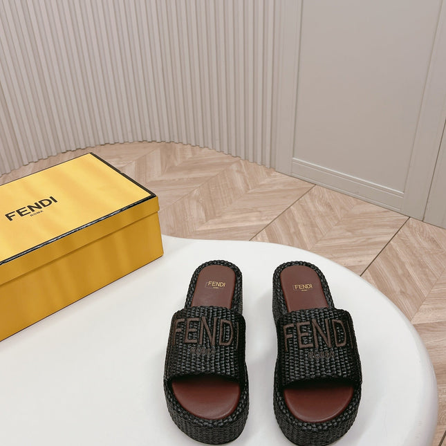 FENDI SIGNATURE WEDGE PLATFORM 6 CM IN BLACK FIBRE WITH BROWN EMBROIDERED LOGO