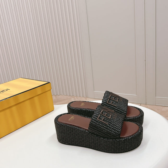 FENDI SIGNATURE WEDGE PLATFORM 6 CM IN BLACK FIBRE WITH BROWN EMBROIDERED LOGO