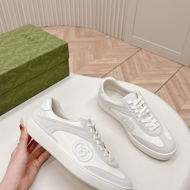 SNEAKER WITH INTERLOCKING G IN WHITE SUEDE AND MESH