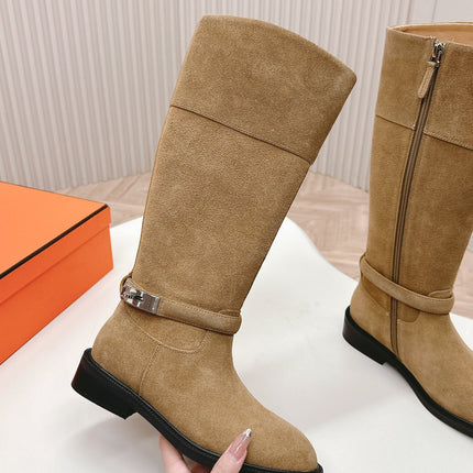 KNEE HIGH BOOTS IN CIDER BROWN SUEDE WITH SILVER BUCKLE