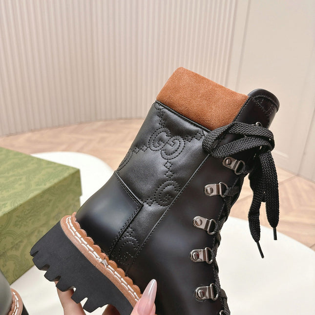 MARTIN LACE-UP ANKLE BOOTS IN BLACK EMBOSSED CALFSKIN MIX BROWN SUEDE