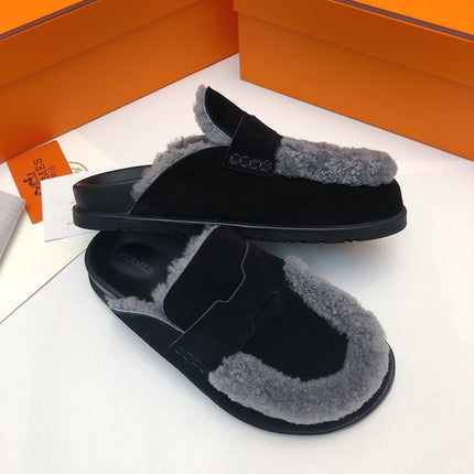 GO MULE IN BLACK SUEDE ATTACH LIGHT GRAY FLEECE