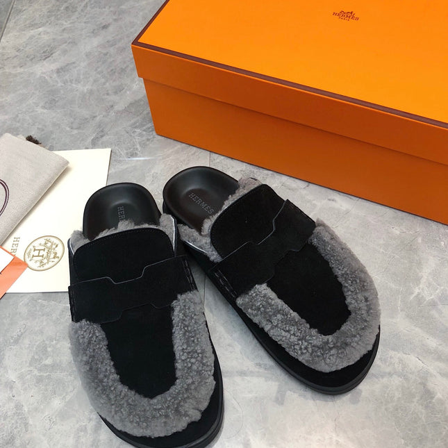 GO MULE IN BLACK SUEDE ATTACH LIGHT GRAY FLEECE