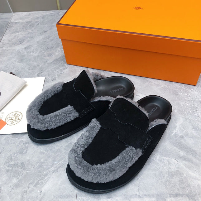 GO MULE IN BLACK SUEDE ATTACH LIGHT GRAY FLEECE